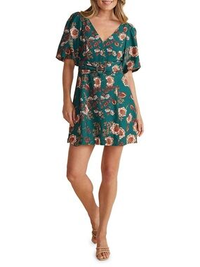 Minkpink Olivia Belted Mini Dress In Multi Green Floral V-Neck Mini Dress Sz S
